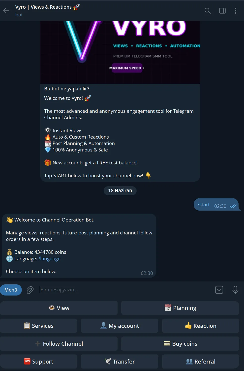Vyro Telegram SMM bot main menu preview